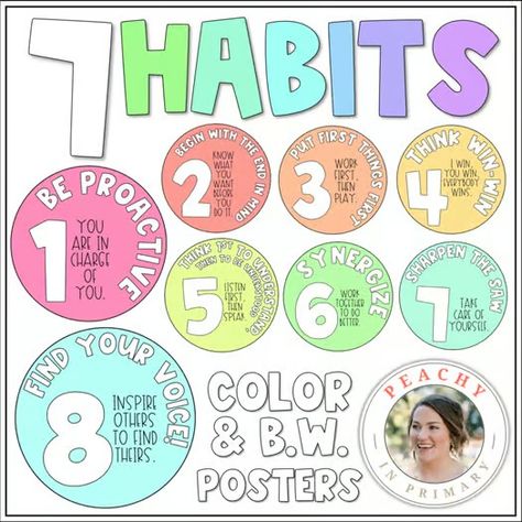 7 Habits Posters by Peachy in Primary Mackenzie McHargue | TPT 7 Habits Posters, Steam Classroom, Middle School Science Classroom, First Grade Phonics, Seven Habits, Leader In Me, Primary Lessons, School Bulletin Boards, New Classroom