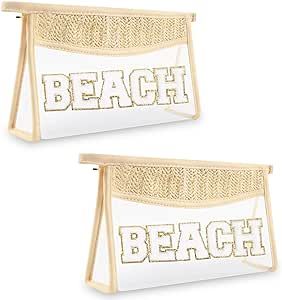 Bags For Beach, Beach Pouch, Boho Makeup, Clear Travel Bag, Clear Makeup, Clear Makeup Bags, Letter Bag, Towel Embroidery, Clear Plastic Bags