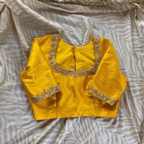 Yellow work blouse #yellowworkblouse #designerblouses #bridalblouses Yellow Saree Pink Blouse Maggam Work Designs, Modern Maggam Work Blouses, Cheap Blouse With Resham Embroidery, Cheap Resham Embroidery Blouse For Puja, Fancy Blouses For Pattu Sarees, Yellow Blouse Work Designs, Yellow Saree Blouse Design, Yellow Maggam Work Blouse Designs, Gold Maggam Work Blouse Designs