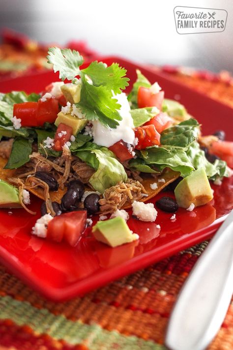 Shredded Pork Tostadas are easy and so flavorful! Tender pork is made in a slow-cooker and the tortillas are baked, not fried, making this a light, delicious meal. #shreddedporktostadas #shreddedpork #streddedporkrecipe #pork #porkrecipe #porkdinner #tostadas #mexican #FavoriteFamilyRecipes #favfamilyrecipes #FavoriteRecipes #FamilyRecipes #recipes #recipe #food #cooking #HomeMade #RecipeIdeas Pork Tostadas, Pork Salad Recipes, Amazing Dinner Ideas, Shredded Pork Recipes, Summer Slow Cooker, Taco Bites, Summer Slow Cooker Recipes, Creamy Seafood, Shrimp Taco