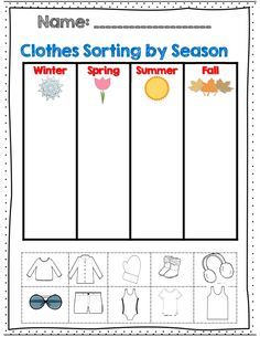 clothing preschool unit - Yahoo Image Search Results Season Worksheet, Clothes Sorting, Seasons Preschool, Seasons Lessons, Seasons Worksheets, Preschool Weather, Kindergarten Social Studies, Weather Theme, Weather Unit