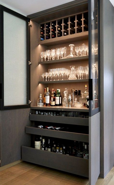 Atrium In Middle Of House, Custom Bar Ideas For Home, Bar In Office Space, Farmhouse Wine Storage, Bourbon Cabinet Ideas, Whiskey Cellar, Bar Nook, Home Bar Wall, Home Bar Areas