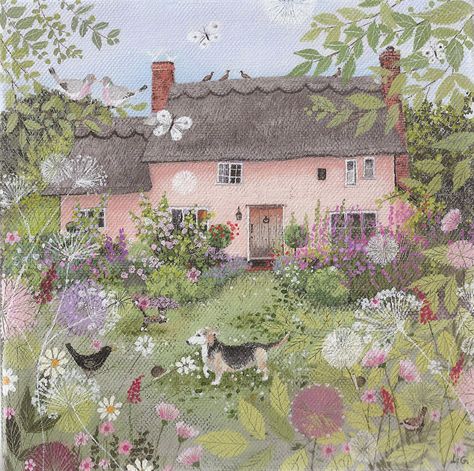 Lucy Grossmith. Rose Cottage in summer...I really would like to hang some of her paintings in my house. Arte Folk, Cottage Art, Pink House, Garden Painting, Art Et Illustration, Naive Art, Art And Illustration, Commission Art, Photo Images