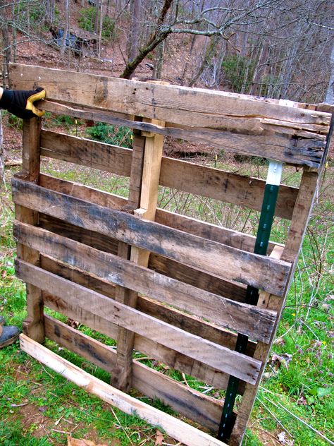 10x10 pallet shelter: 9 std pallets (48x40) plus more if you make a solid back, 3 cattle panels, 9 tposts, 20x15 tarp = kidding stall, or kid pen for babies separate from mother Pallet Shelter, Diy Pallet Planter, Pasture Shelter, Pig Shelter, Horse Shed, Goat Shed, Livestock Shelter, Goat Shelter, Pallet Barn