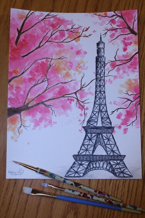 Paris in Spring (Watercolor Painting) Paris Easy Paintings, How To Draw Paris, Eiffel Tower Watercolor Painting, Painting Paris Easy, Watercolor Art Paris, Paris Drawing Ideas, France Painting Easy, Spring Drawing Ideas Easy, Spring Drawings Ideas Art Pencil