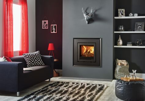 Inset Log Burners, Stove Surround, Wood Burner Fireplace, Wood Burning Stoves Living Room, Log Burner Living Room, Inset Fireplace, Inset Stoves, Gray Living Room Design, Living Room Renovation