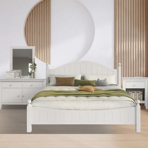 Charlton Home® Thomas 4-Piece Bedroom Set | Wayfair White Bedroom Set Furniture, White Bedroom Set, King Size Platform Bed, Solid Wood Bed Frame, Wood Platform Bed Frame, Bed Platform, Queen Size Platform Bed, King Platform Bed, Solid Wood Platform Bed