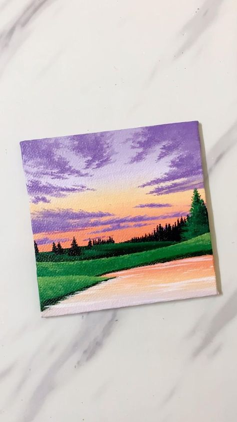 Mini Canvas Art Diy, Canvas Art Nature, Art Painting Diy, Sunset Over Lake, Canvas Art Painting Abstract, Mini Toile, Sky Art Painting, Acrylic Landscape, Small Canvas Paintings