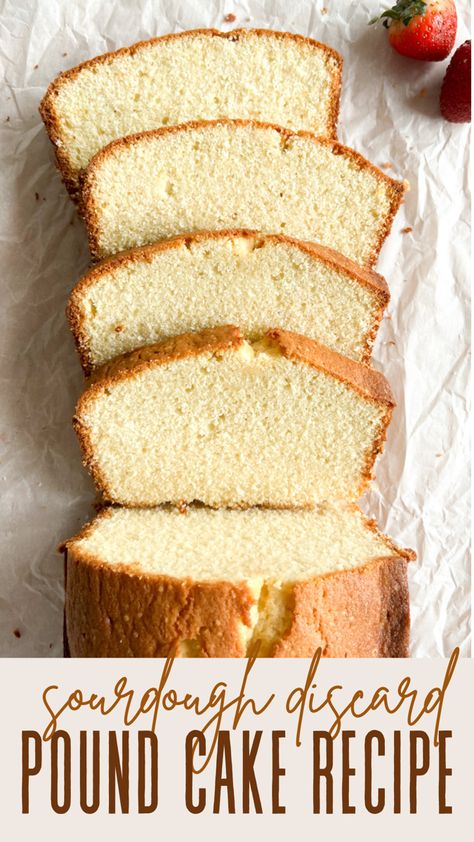 Sourdough discard gives this recipe a slight tang that pairs beautifully with its sweet, rich and buttery flavor. Top this Sourdough Pound Cake with fresh strawberries and homemade whipped cream for the perfect sourdough strawberry short cake Sourdough Discard Birthday Cake, Strawberry Discard Recipes, Sourdough Lemon Pound Cake, Sourdough Coconut Cake, Sourdough White Cake, Discard Cake Recipe, Sourdough Angel Food Cake, Sourdough Fruit Cake, Sourdough Shortcake Recipe