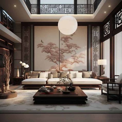 Chinese Living Room Asian Style, Chinese Interior Design Modern, Chinese Interior Design Traditional, Modern Chinese Living Room, Chinese House Interior, Chinese Home Design, Asian Zen Interior Design, Chinese Apartment, Modern Chinese Interior