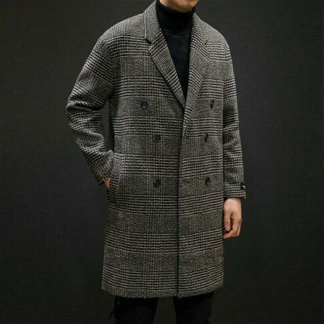 Mens Wool Trench Coat, Mens Wool Overcoat, Plaid Overcoat, Wind Coat, Plaid Trench Coat, Long Coat Men, Wool Overcoat, Houndstooth Jacket, Wool Trench Coat