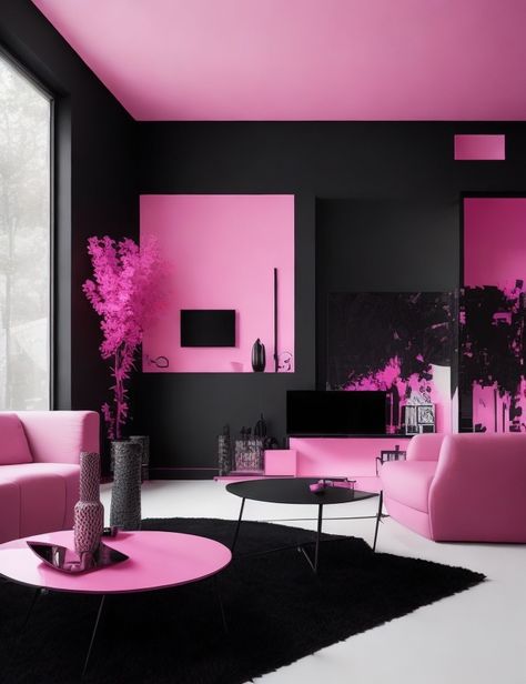 Black Floor Pink Walls, Hot Pink Decor Interior Design, Pink Black And Gold Salon Ideas, Black And Pink Office Decor, Black And Pink Beauty Room, Pink And Black Beauty Salon, Black And Pink Interior Design, Pink And Black Apartment Aesthetic, Black And Pink Office Ideas