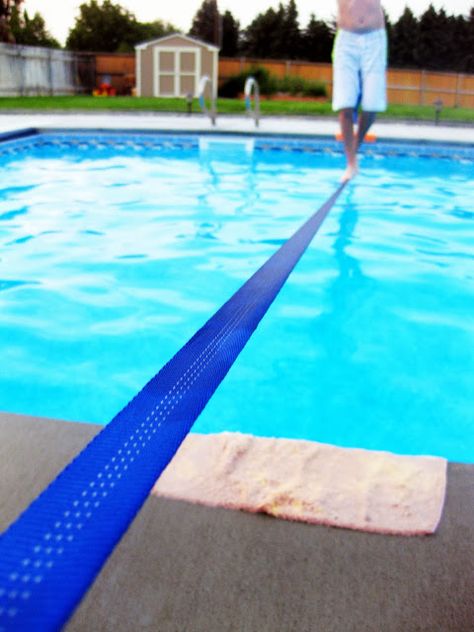 Slackline over pool.  Just need to plan for hidden anchors. Jumping Platform For Pool, Pool Guest House, Pool Life, Swimming Pool Accessories, Pool Activities, Outdoor Patio Space, Pool Picture, Backyard Renovations, Pool Games