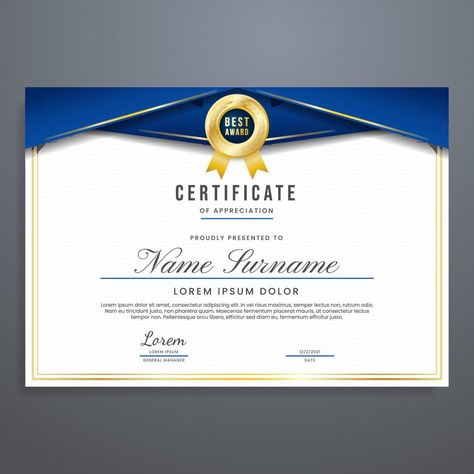 Certificate Design Template, Certificate Of Appreciation, Certificate Design, Gold Colors, Blue And Gold, Being Used, Design Template, Vector Art, Gold Color