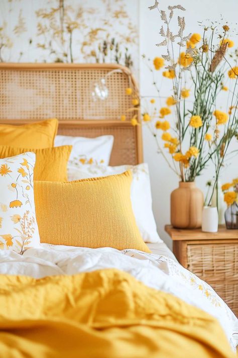 50+ Yellow Cozy Bedroom Aesthetic Ideas That Radiate Good Vibes Only Soft Yellow Bedroom Ideas, Boho House Interior, Yellow Bedrooms, Yellow Bedroom Walls, Bedroom Aesthetic Ideas, Cozy Bedroom Aesthetic, Sunshine Vibes, White Bedroom Decor, Yellow Room