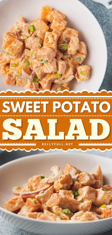 Sweet Potato Salad, vegetable side dishes, dinner recipes Sweet Potato Salad Cold, Spicy Potato Salad, Sweet Potato Salad Recipe, Sweet Potato Sides, Sweet Potato Salad, Classic Potato Salad, Hot Chili Sauce, Creamy Dressing, Potato Salad Recipe