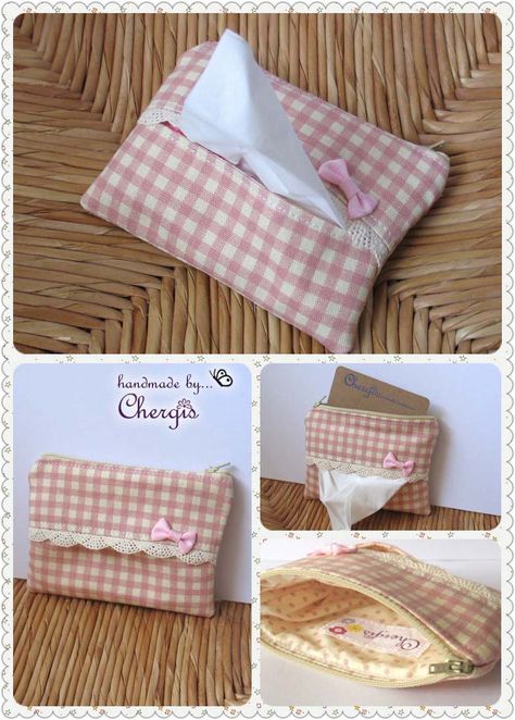 Zipper + tissue pouch Follow the link below for tutorial on making a simple tissue pouch  http://chergis.wordpress.com/2013/08/05/a-simple-tissue-holder/ Sewing Pouch, Box Organization, Tissue Pouch, Trendy Sewing Projects, Trendy Sewing Patterns, Sewing To Sell, Sewing Machine Projects, Tissue Cover, Tissue Case