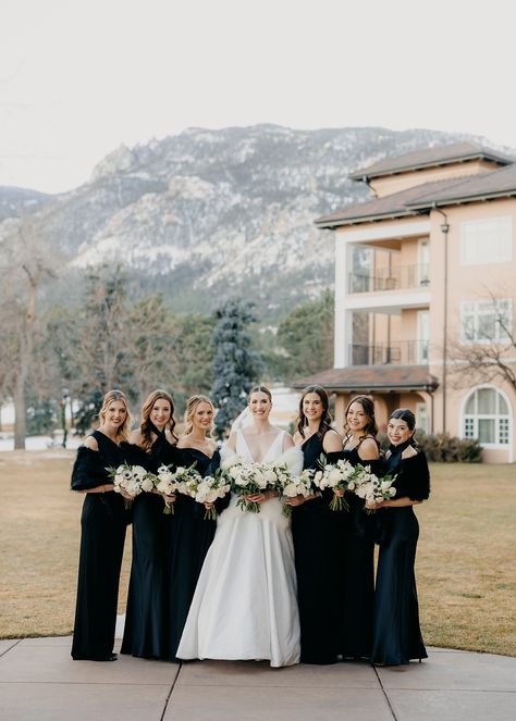 Bridesmaids with bride on wedding day at The Broadmoor Resort Black Bridesmaid Dresses Winter Wedding, Black Winter Bridesmaid Dresses, The Broadmoor Wedding, Black Bridesmaid Dresses Winter, Black Bridesmaid Dress Winter, Winter Wedding Bridal Party, Black And White Winter Wedding, Black Winter Wedding, Broadmoor Wedding