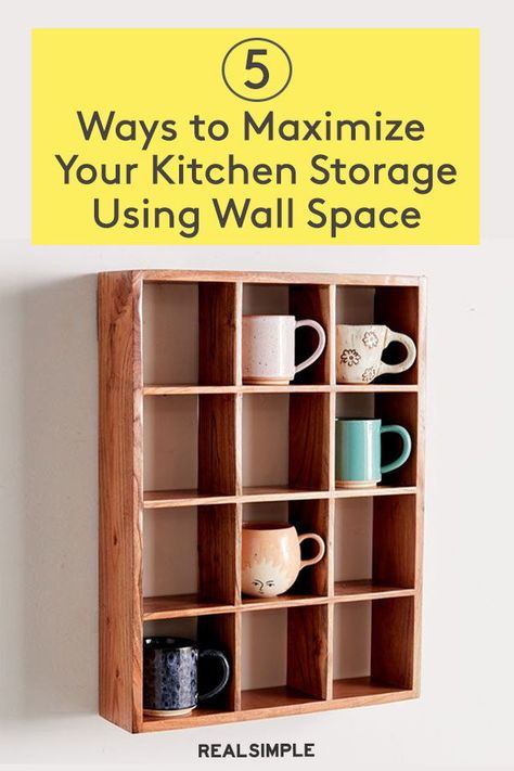 5 Ways to Maximize Your Kitchen Storage Using Wall Space | Easily organize your kitchen with these kitchen wall storage ideas that will help you declutter your kitchen counter space. #declutter #organizationtips #realsimple #storageideas #storagetips Creative Kitchen Wall Storage, Kitchen Organization Wall Ideas, Vertical Storage Kitchen, Hanging Wall Storage Ideas, Renter Friendly Kitchen Storage, Small Kitchen Wall Storage Ideas, Diy Kitchen Wall Storage, Small Kitchen Wall Storage, No Counter Space Kitchen