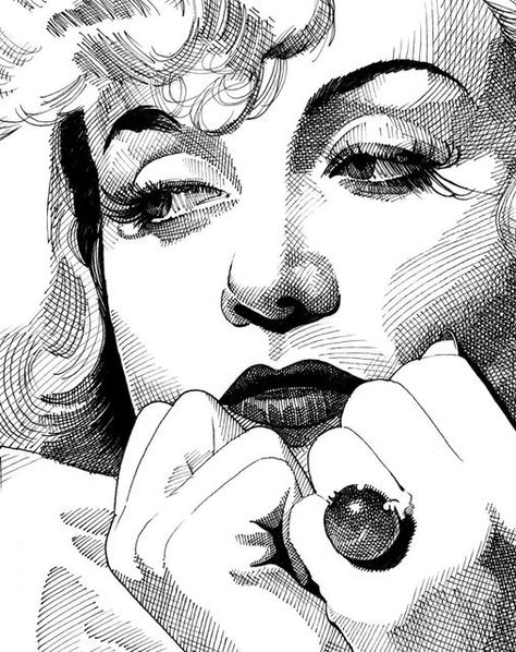 Cross Hatching Drawing Portrait, Cross Hatching Art, Crosshatching Drawing, Cross Hatching Drawing, Lineart Portrait, Portrait Pen, Monroe Tattoo, Hatch Art, Marilyn Monroe Tattoo