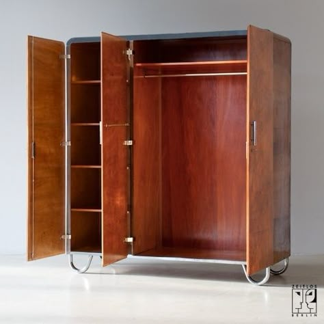 3 door Bauhaus wardrobe - ZEITLOS – BERLIN Bauhaus Wardrobe, Color Palette Rust, 70s Color Palette, Art Deco Wardrobe, Bauhaus Interior, Bauhaus Furniture, Wooden Ideas, Chaise Metal, Dream Furniture