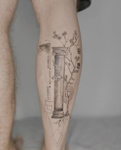 Pompeii Tattoo Ideas, Pillar Tattoo Design, Greek Architecture Tattoo, Greek Column Tattoo, Architecture Tattoo Ideas, Greek Geometric Tattoo, Babylon Tattoo, Pillar Tattoo, Greece Mythology Tattoo