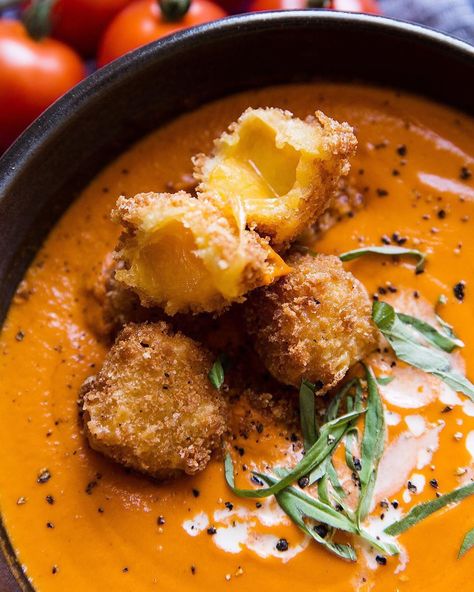 Kitchn on Instagram: “Tomato bisque is already delicious on its own...but then add fried cheese balls?! 😍(via @themodernproper)” Fried Cheese Balls, Fried Cheese, Tomato Bisque, Savory Soups, Cheese Balls, Cheese Fries, Cheese Ball, Soups And Stews, Stew