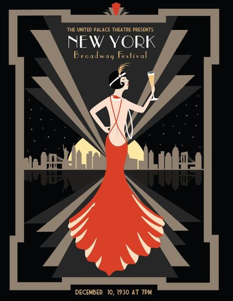 Hollywood, Broadway and culture in general embraced this new art form.  Clothing, hair styles and accessories all take on the futuristic appeal that Art Deco brought with it. 1920s Poster Design, Art Deco Wayfinding, 1930s Graphic Design, 1920s Graphic Design, Art Deco Posters Illustrations, 1920s Poster, Pinturas Art Deco, Arte Art Deco, Art Deco Graphics