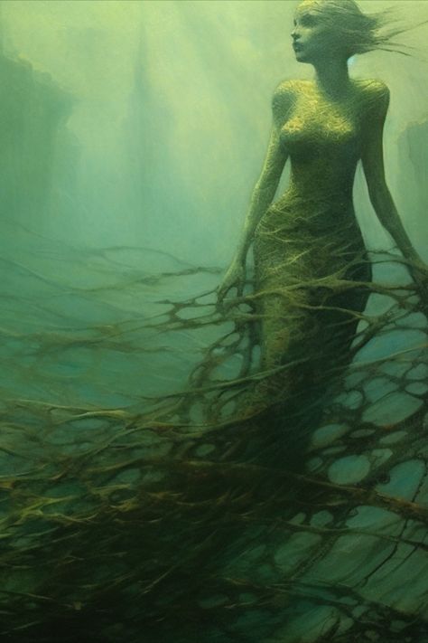 Dark Mermaid Art, Green Mermaid Aesthetic, Swamp Siren, Swamp Mermaid, Creepy Mermaid, Mermay 2024, Dark Folklore, River Nymph, Water Kingdom