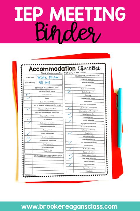 IEP meeting binder for IEP meeting organization and data collection on student IEP goals. Annual IEP meetings for students can be super time consuming to get organized for. This IEP meeting binder is has everything you need to help you plan and prep for your upcoming special education meetings. Middle School Iep Goals, Iep Accommodations List, Iep Binder Teachers, Iep Data Collection Organization, Iep Snapshot Editable Free, Iep Meeting Agenda, Iep Organization Teachers, Iep Template, Special Education Teacher Organization