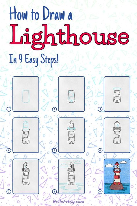 Step by step drawing lesson showing a How to Draw a LightHouse How To Draw Lighthouse, Lighthouse Art For Kids, How To Draw A Lighthouse, Draw A Lighthouse, Lighthouse Project, Nautical Drawing, Beach Drawings, Lighthouse Drawing, Peace Pole