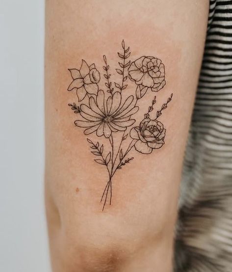 Bouquet Of 4 Flowers Tattoo, Grandparent Flower Bouquet Tattoo, Mum Of 3 Tattoo, Flower Bouquet Tattoo Back Of Arm, Grandparents Flower Tattoo, Birth Flower Bouquet Tattoo Ideas, Inner Tricep Tattoo Women, Minimalist Flower Bouquet Tattoo, 5 Flower Bouquet Tattoo