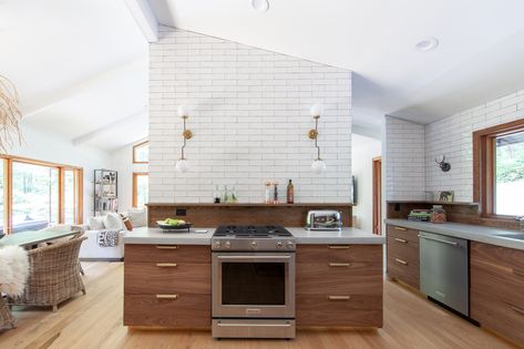 Beth Keim's Mountain Home Gets a Lucy and Company Remodel - QC Exclusive Grey Kitchen Accessories, Modern Exterior Lighting, Walnut Kitchen, Walnut Cabinets, White Subway Tile, Kitchen Trends, Grey Kitchen, Concrete Countertops, Mountain Home