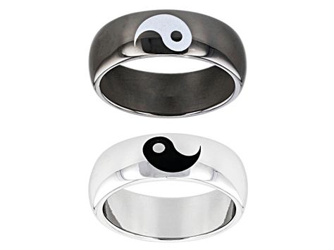 Off Park® Collection, Silver and Black Tone Set of Two Yin and Yang Ring. Each ring measures approximately .31"W. Not sizeable. Relationship Jewelry, Wedding Rings Sets His And Hers, Matching Promise Rings, Detailed Necklace, Yin And Yang, Couple Jewelry, Ying Yang, Matching Rings, Tiaras And Crowns