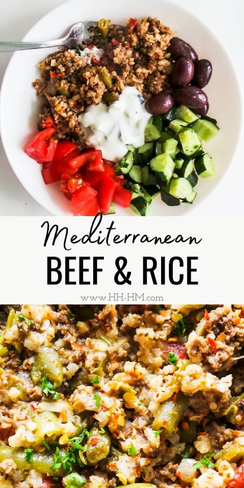 This is a healthy ground beef dinner recipe with vegetables and rice that is gluten-free and ready in 30 minutes, cooked in 1 pan. This Mediterranean recipe is great for meal prep as it makes 3-4 servings and can be stored in the fridge for 3-4 days. Serve this with salad, olives and tzatziki for even more flavor. Mediterranean Ground Beef, Ground Beef And Rice Recipes, Beef And Rice Recipes, Mediterranean Beef, Gluten Free Meal Prep, Ground Beef And Rice, Mediterranean Diet Recipes Dinners, Ground Beef Rice, Cooking With Ground Beef