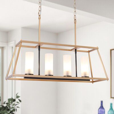 Made of premium metal in a dark-gold finish, with cylinder frosted glass shades, this 4 light island light fixture is perfect for your modern kitchen island or dining table. What's more, the two hanging chains can be adjusted to the customized height from 23.5'' to 80.5''. Four E12, type B, max 40W bulbs are needed to brighten it up. | Mercer41 Chriss 4 - Light Kitchen Island Linear Pendant Glass in White / Yellow, Size 19.5 H x 28.5 W x 9.0 D in | Wayfair Lights For Dining Room, Candlestick Chandelier, Island Light Fixtures, Cage Chandelier, Cage Pendant Light, Kitchen Island Chandelier, Island Chandelier, Modern Kitchen Island, Rectangle Chandelier