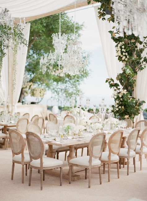 Altar Outdoor Wedding, White Tent Wedding Reception Chandeliers, Wedding Table Chairs, Coastal Grandma Wedding, Contemporary Wedding Decor, Chandelier Wedding Decor, Wedding Reception Chairs, Chandelier Wedding, Dream Wedding Reception