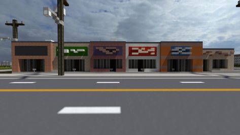 Row o' Shops | ECS Minecraft Project Minecraft Strip Mall, Minecraft Downtown Buildings, Minecraft Downtown, Minecraft Shops Building, Minecraft Grocery Store, Minecraft Stores, Minecraft Cities, Shop Minecraft, City Minecraft