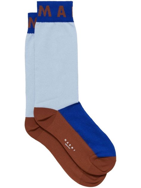 colour-block logo-print socks from MARNI featuring blue, brown, cotton blend, knitted construction, colour-block design, logo print to the rear, logo print to the front and covers foot. Be sure before opening, as socks and hosiery can only be returned in their original, unopened packaging.. Block Logo, Logo Azul, Logo Items, Socks For Women, Block Design, Designer Socks, Colour Block, Color Therapy, Socks And Hosiery