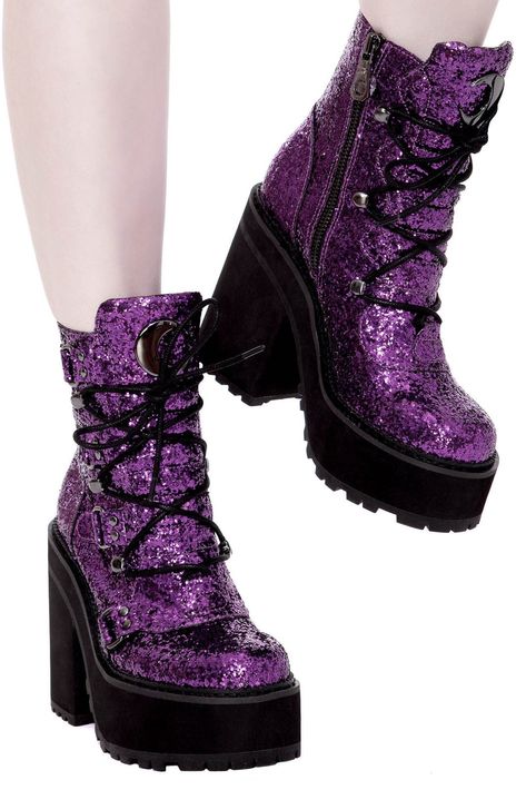 Broom Rider Boots [PURPLE GLITTER] - Shop Now - us.KILLSTAR.com Glitter Goth, Sanrio Outfits, Purple Goth, Alternative Shoes, Goth Boots, Gothic Boots, Purple Boots, Rider Boots, Dr Shoes