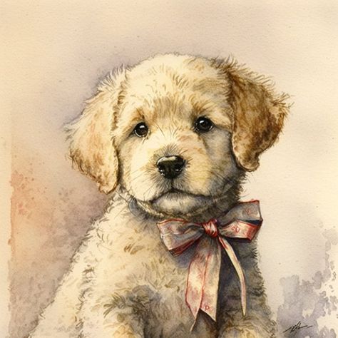 DIGITAL ART SIZE 1024px x 1024px Watercolor Golden Retriever Puppy wit Pink Ribbon Bow Golden Retriever Puppy Painting, Dogs With Bows, Golden Retriever Nursery, Golden Retriever Watercolor, Puppy Painting, Dog Watercolor Painting, Golden Retriever Baby, Golden Retriever Art, Cute Wall Art