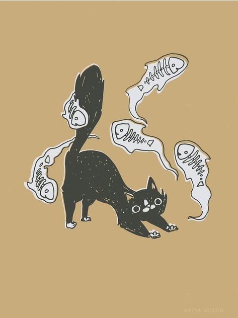 Black Cat Cat Stretching Illustration, Cat Stretching Drawing, Ghost Fish, Ghost Illustration, Spooky October, Cat Stretching, Speech Bubbles, Fish Illustration, Arte Inspo