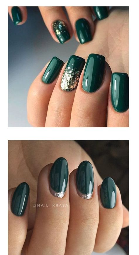 Green And Black Nails Ideas, Dark Green Biab Nails, November Nails Green, Green Gold Nails Christmas, Green And Gold Gel Nails, Green Nails With Gold, Green Winter Nail Designs, December Nails Green, Holiday Nails Green And Gold