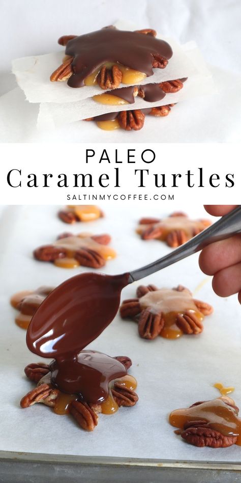 These Maple Caramel Pecan Turtles are one of favorite special treats to make for the family. They're even PALEO, GLUTEN-FREE, and DAIRY-FREE, so everyone can enjoy them! Made with real honey and maple syrup, they're much healthier than regular turtle candies, and the perfect addition for any Christmas party! #paleocandies #glutenfreecandies #dairyfreecandies #paleochristmascookies #dairyfree #glutenfree Paleo Christmas Recipes, Gluten Free Christmas Treats, Turtle Candies, Paleo Candy, Maple Caramel, Healthy Holiday Treats, Pecan Turtles, Cookies Gluten Free, Paleo Cookies