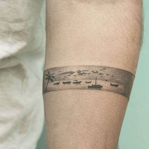 Be beside a beach at all times with a pic like this. Tattoo Band, Forearm Band Tattoos, Handpoke Tattoo, Landscape Tattoo, Silhouette Tattoos, Beach Tattoo, Arm Band Tattoo, Tattoo Bracelet, Maori Tattoo