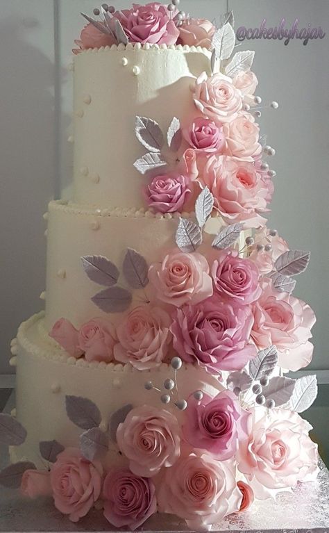 Pink Rose Cake Birthday, Pink White And Silver Wedding, 3 Tier Wedding Cake With Flowers, Cake Cookies Decorated, Gumpaste Roses, Pink Rose Wedding Cake, Extravagant Wedding Cakes, Fondant Flower Cake, Big Wedding Cakes