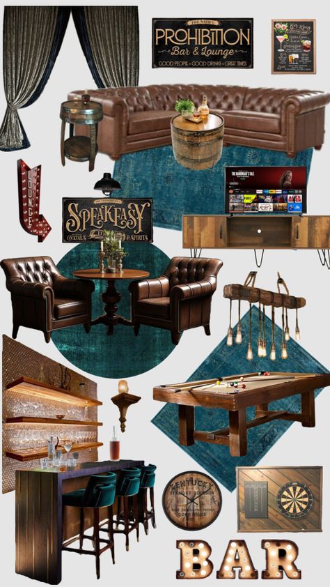 Basement Speakeasy #speakeasy #mancave #basementbar #lounge #homedecor Speakeasy Library Bar, Prohibition Style Home Bar, Pub Style Living Room, Bourbon Lounge Room, Saloon Style Bar, Speakeasy Room Ideas Basement, Speakeasy Home Decor, Speakeasy Mood Board, Speakeasy Color Palette