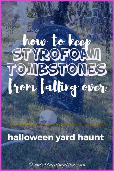 Diy Outdoor Gravestones, How To Keep Halloween Tombstones From Falling Over, Tombstone Halloween Decor, Halloween Tombstones Diy Funny, Diy Gravestone Halloween, Diy Tombstones Halloween, Halloween Tombstone Sayings, Diy Headstone, Halloween Tombstones Diy