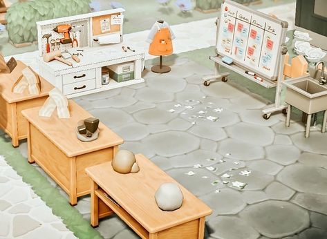 Animal Crossing New Horizons on Instagram: “Crafting area by @monsteracrossings 💖 this is such a nice idea!” Crafting Area, Atelier Ideas, Cottagecore Animal Crossing, Bench Area, Workbench Designs, Workshop Design, New Animal Crossing, Island Design, Animal Crossing Qr