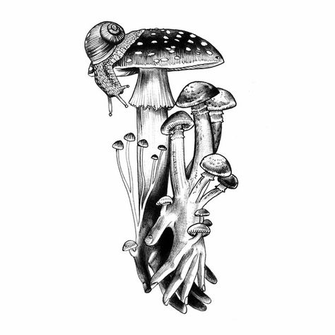 Hand in Hand | Flashbook Hannibal Tattoo, Snail Tattoo, 2023 Mood, Mushroom Tattoos, Mushroom Drawing, Ink Artwork, Horse Drawings, Custom Tattoo Design, Mushroom Art